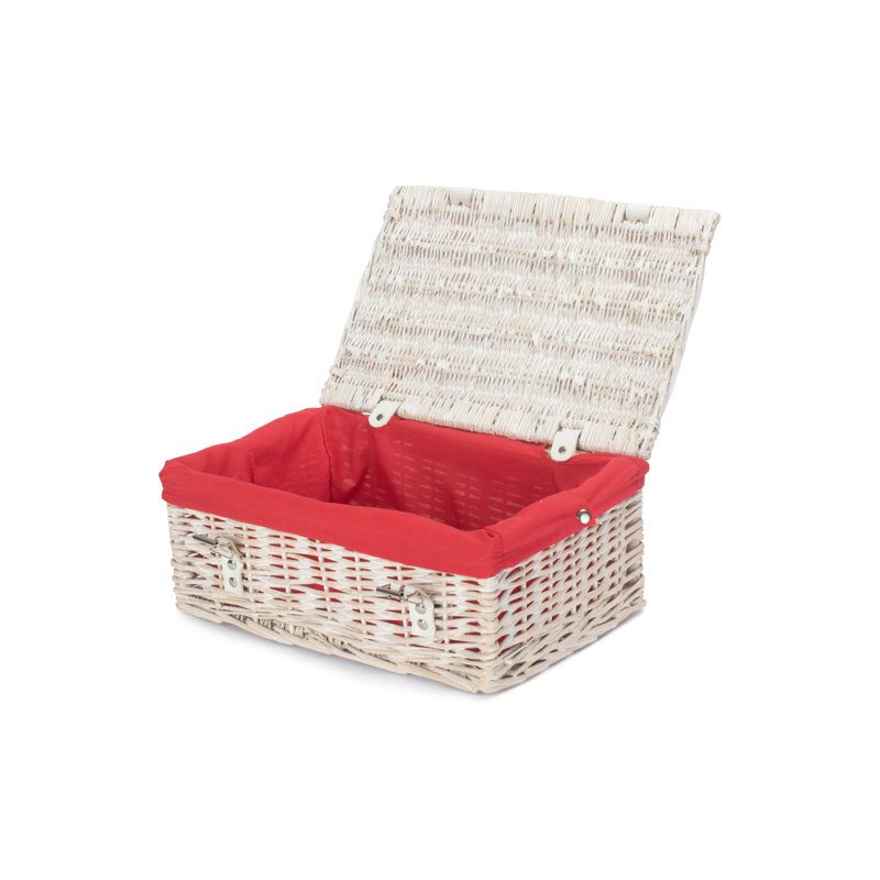 14 Inch Empty Wicker Hamper Basket - with Lining, White Wash/Red