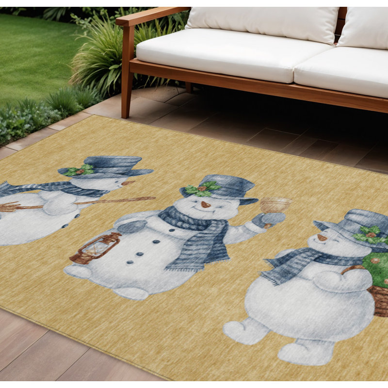 Tapis intérieur lavable bonhomme de neige bleu denim et ivoire 9 pi x 12 pi doré