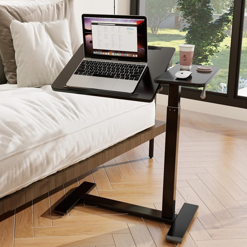 Bed Table with Wheels Adjustable Pneumatic Overbed Table Black