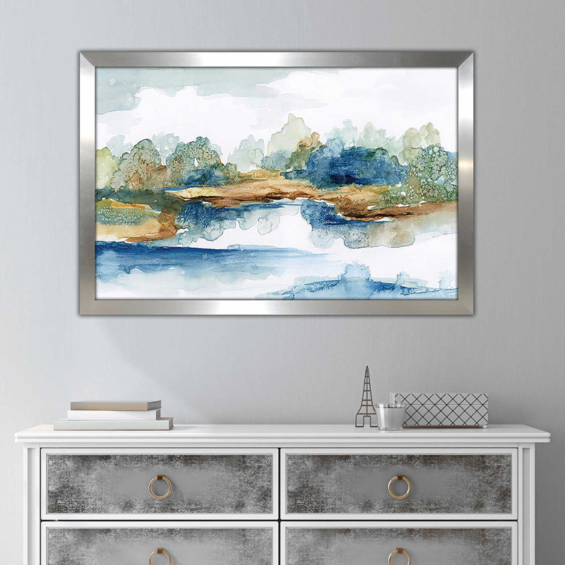 «Blue Serenity» par Nan - peinture, H 33,5 po x l 49,5 po x P 1 po, Encadrement argenté