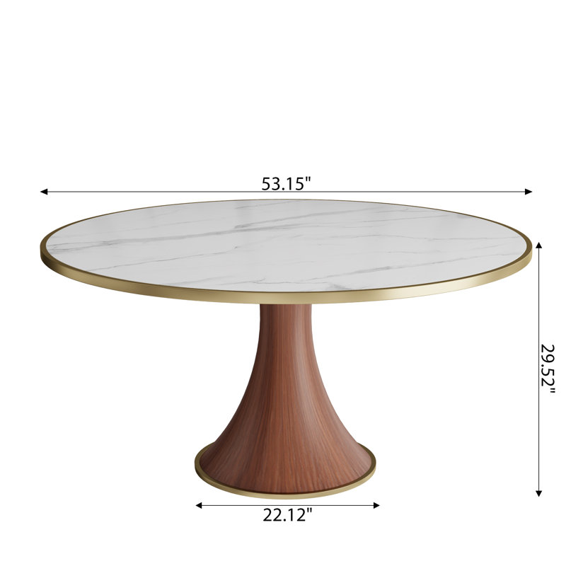 Luxury Thicken Stone Gold Trim Analia Round Solid Wood Base Kitchen Room Table For 2-8 People, 29.52"H x 53.15"L x 53.15"W