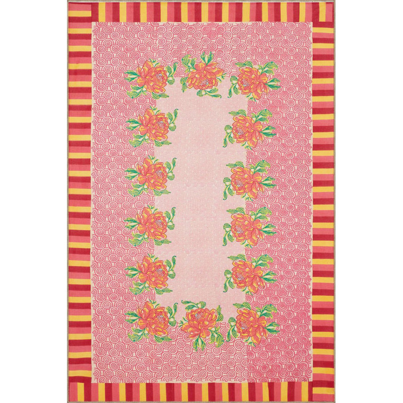 Tapis tissé à motif floral moderne rose, Sous-tapis rond 3 pi 3 po inclus