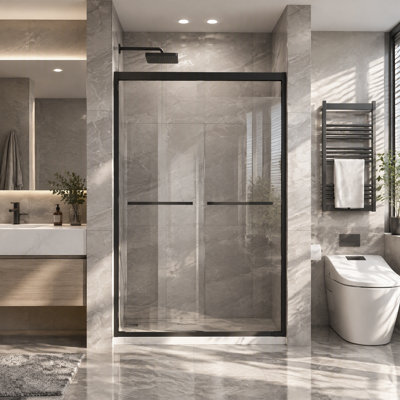 Porte de douche coulissante double l 48 po x H 72 po avec verre trempé transparent de 1/4 po (6 mm), cadre en aluminium noir mat et quincaillerie en acier inoxydable