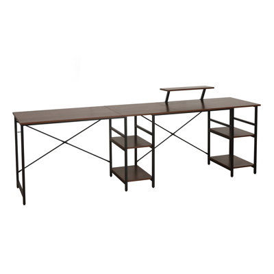 Techni Mobili L-Shape Industrial Desk With Storage Shelves, Walnut