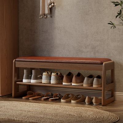 Solid wood shoe benches, leather or linen seat, double-tiered shelf design, flip-up storage