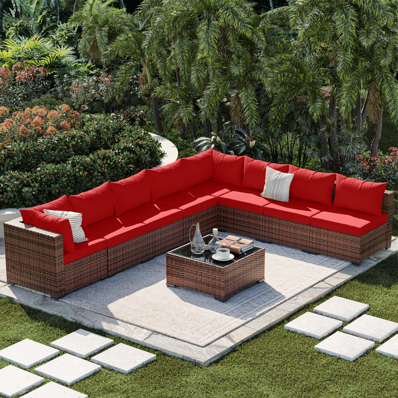 8 - Person Outdoor Wicker Patio Conversation Furniture Set, Red
