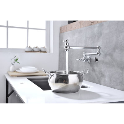 Folding Pot Filler Faucet For Wall Mount, Arm Function Ease, Double Handles To Control Water Flow, Corrosion, Brass Mount Kitchen Tap, Convenience, Manage -