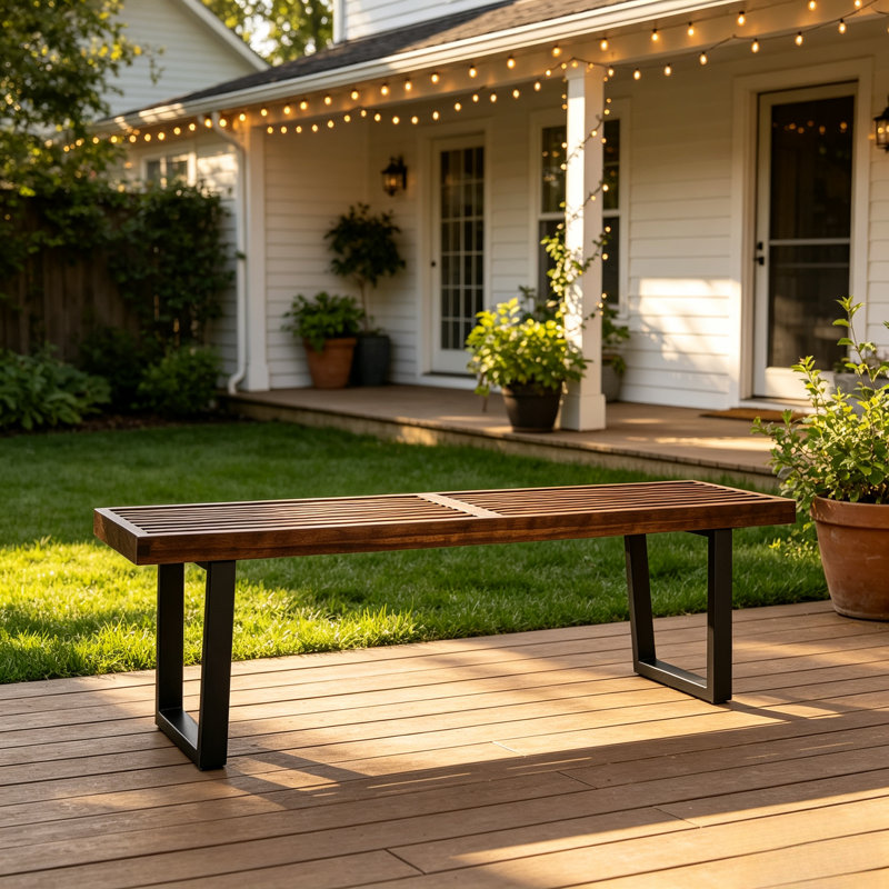 Banc de jardin avec pieds en bois d'acacia, de style contemporain, en bois massif, idéal pour terrasse, jardin ou cour.