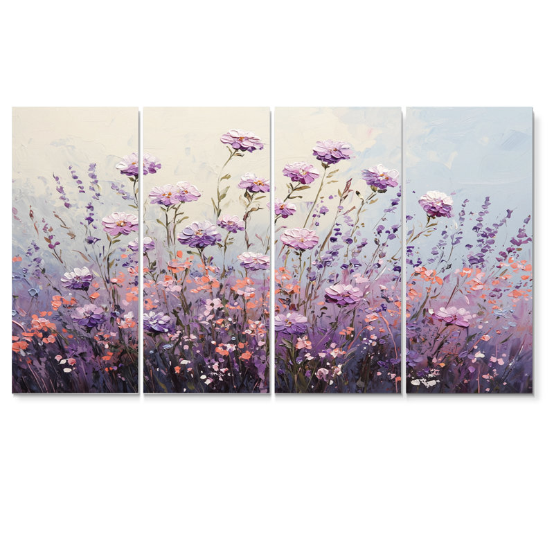 «Wildflower Morning Dew In Lavender Field II - Wildflowers», art mural traditionnel sur toile, 4 pièces, H 32 po x l 64 po