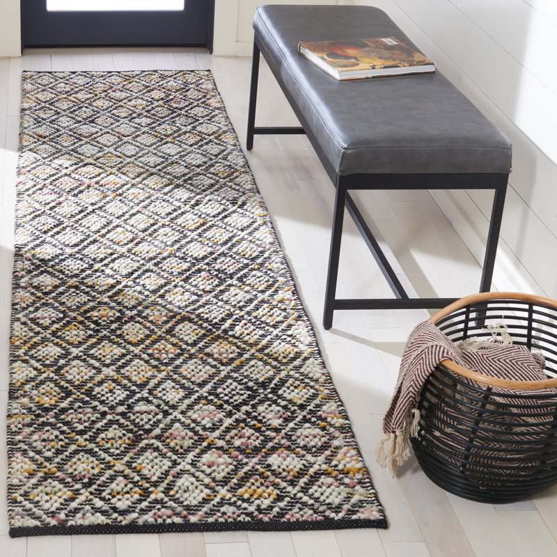 Tapis en laine / coton tissé à la main Natura en jaune / noir / ivoire, Tapis de couloir 2 pi 3 po x 9 pi