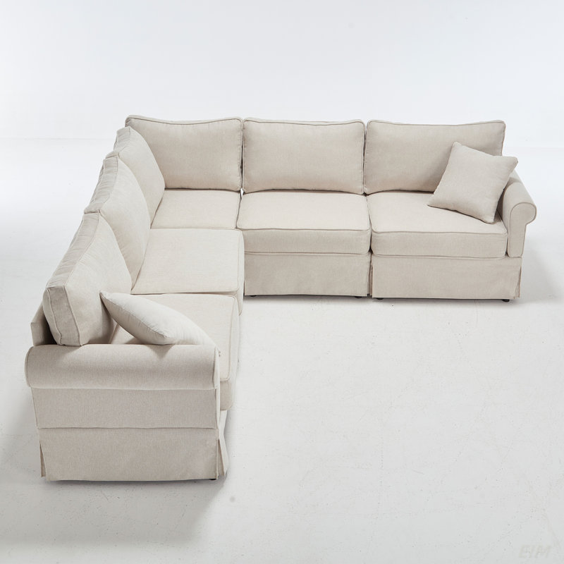 Modular Sectional Sofa Set Convertible L - Shaped 5 - Seat Reversible Rolled Arms Soft, Beige Fabric