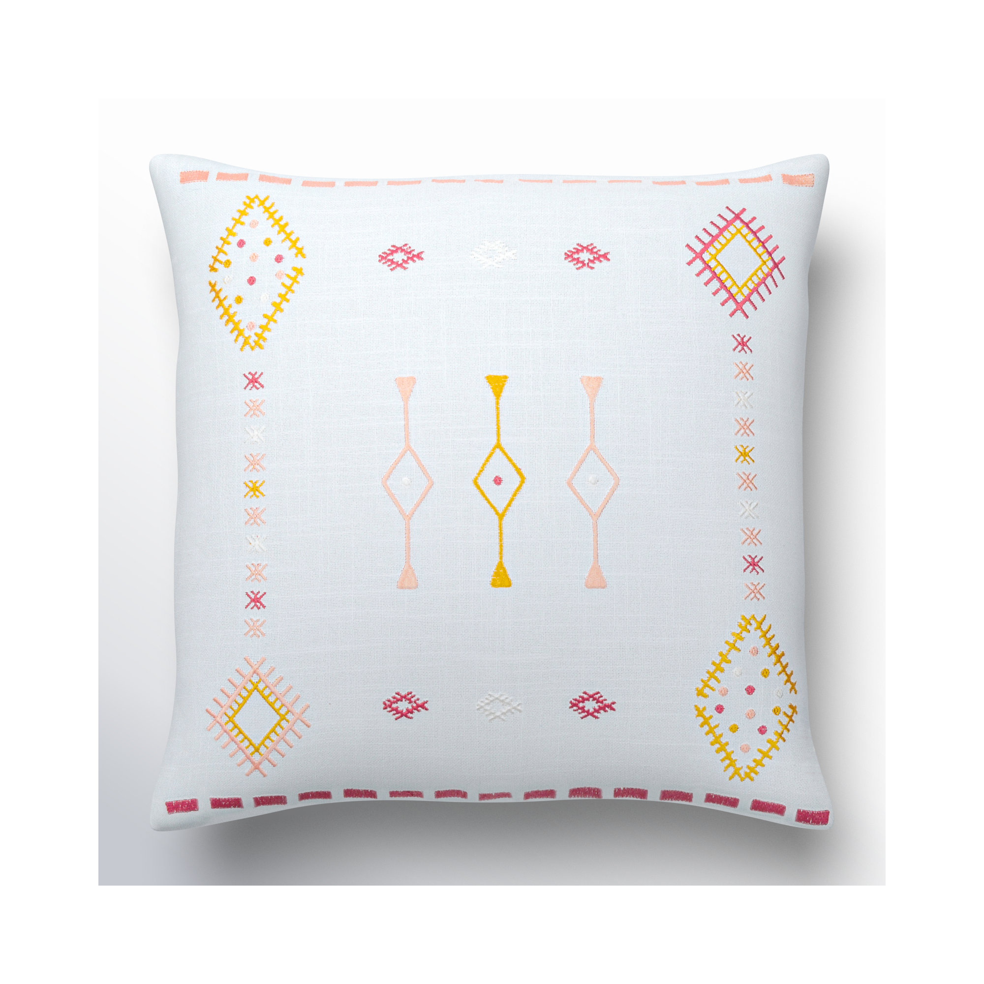 Decatur Embroidered Cotton Throw Pillow, 22" x 22", Pale Blue/Mustard/Dusty Pink, Down