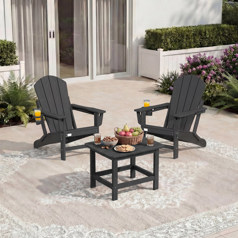 Set of 2 Adjustable Adirondack Chairs, 3-Level Wooden Textured HDPE Folding Chairs with Cup Holders for Outdoor Use at Beach, Patio, Garden, Backyard, and Campfire, Gray