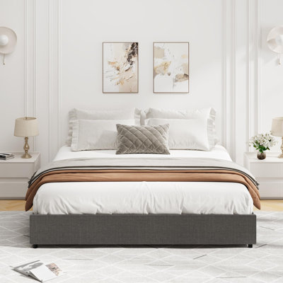 Très grand lit, cadre de lit plateforme, tissu revêtu de tissu avec 4 tiroirs de rangement