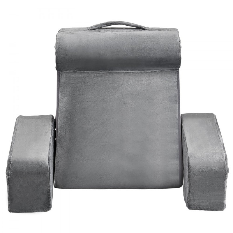 Reading Pillow, Backrest Support Pillow with Arm and 3 Pockets, Large Size Bed Pillow with Removable Headrest & 25D Sponge, Handle for Easy Carrying, for Reading, Gaming, Resting, Working, Grey