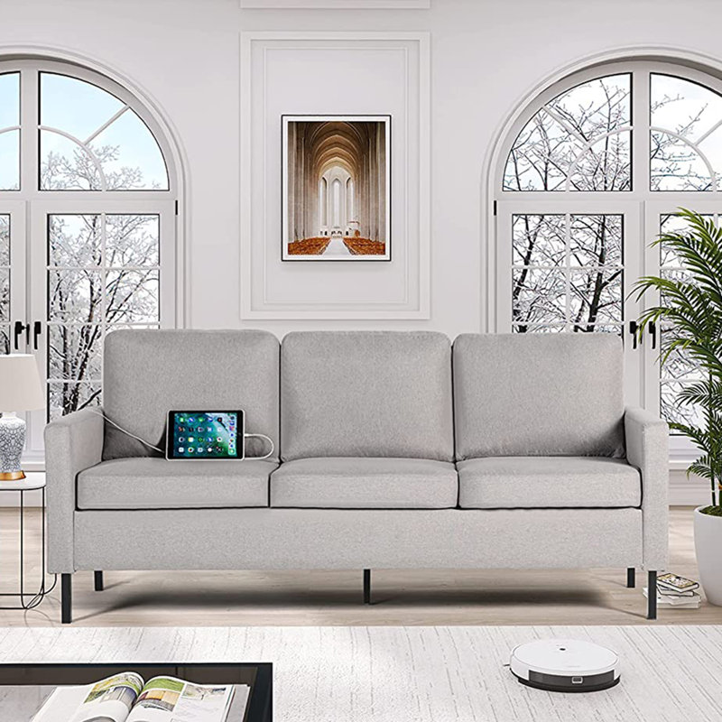 Redi 77" Upholstered Square Arm Sofa with Charging Ports, Light Gray Linen