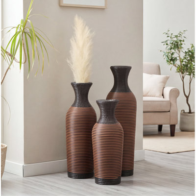 Ensemble de 3 vases en rotin tissés à la main en PVC, deux vases de plancher bicolores bruns et noirs - hauteur de 27,5 po, 23,6 po et 19,7 po pour le salon, l'entrée et le bureau