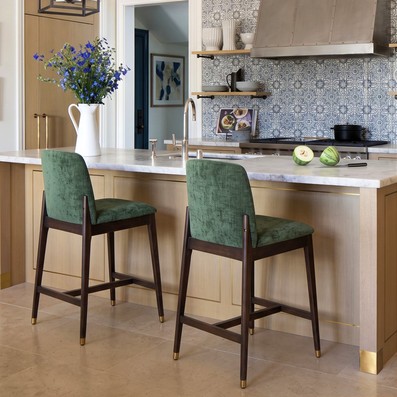 Tabouret de comptoir rembourré Nolan, Siège beige / structure en noyer, 2