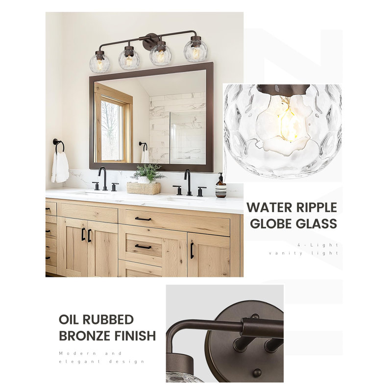 Éclairage pour salle de bain 4 lumières avec globe en verre ondulé, bronze huilé, Bronze frotté à l'huile, Quatre lumières