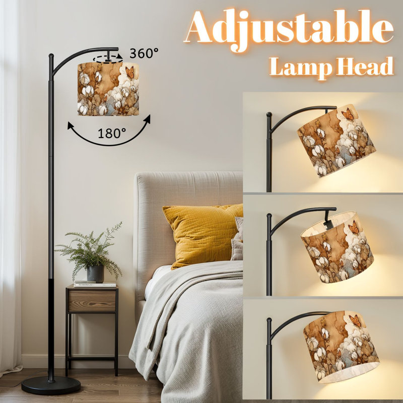 Lampe sur pied à arc avec abat-jour réglable champs de coton dorés ensoleillés Lampe sur pied chats ludiques papillons 3 températures de couleur Lampe à mât haut avec interrupteur au pied pour la chambre à coucher