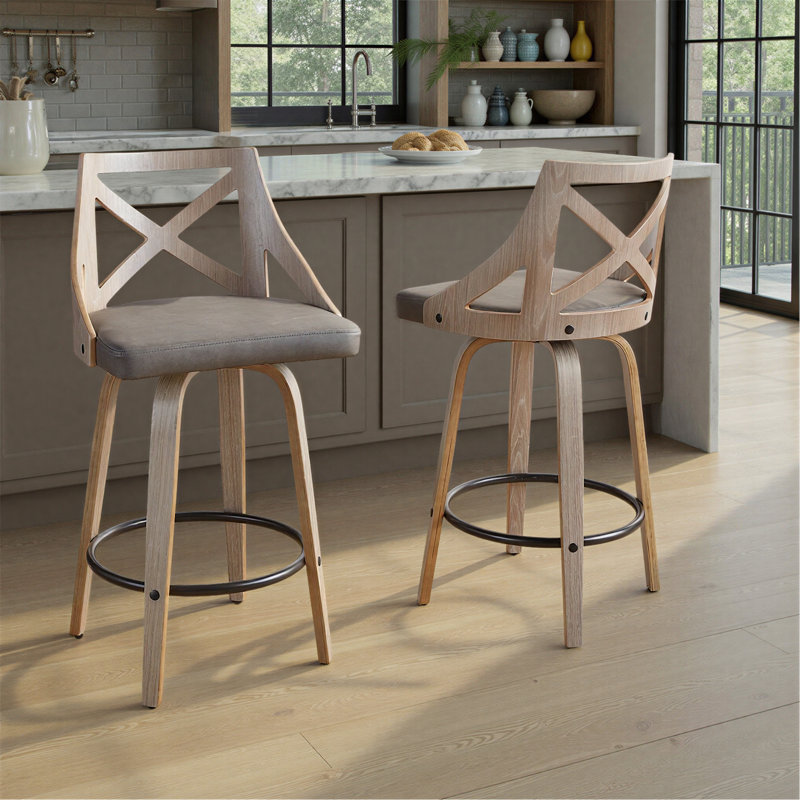 Tabouret de comptoir à hauteur fixe avec pivot en bois gris clair et similicuir gris avec repose-pieds rond en métal noir - ensemble de 2
