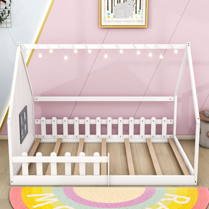 Full Wood House Bed Frame with Built-In Window, LED Light String and Fence, White
