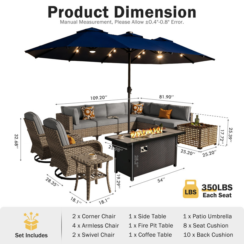 Ensemble de 12 meubles de patio extérieur avec table de foyer 54 po, table basse à lumière solaire et parasol double face 14,5 pi avec base, siège en osier PE pour 8
