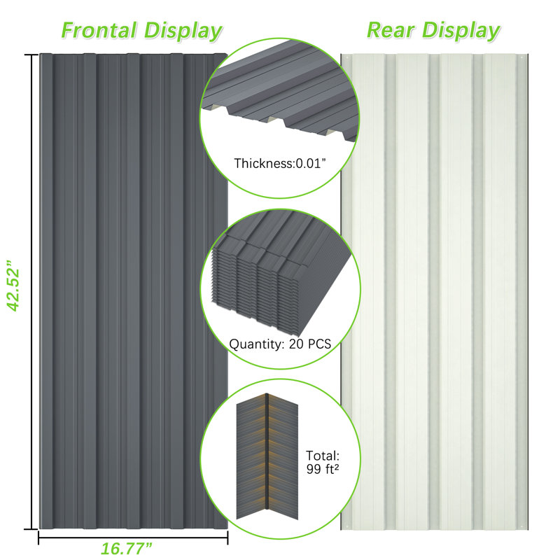 Roof Panels Galvanized Steel Hardware Roofing Sheets, Gray, 16.77" W x 42.52" L