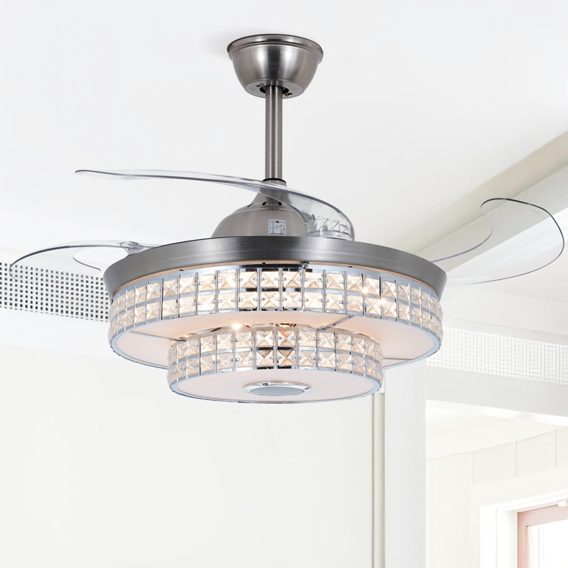 Ventilateur de plafond 42 "en cristal moderne avec lumière à DEL RVB, haut-parleur Bluetooth, 6 vitesses, réversible