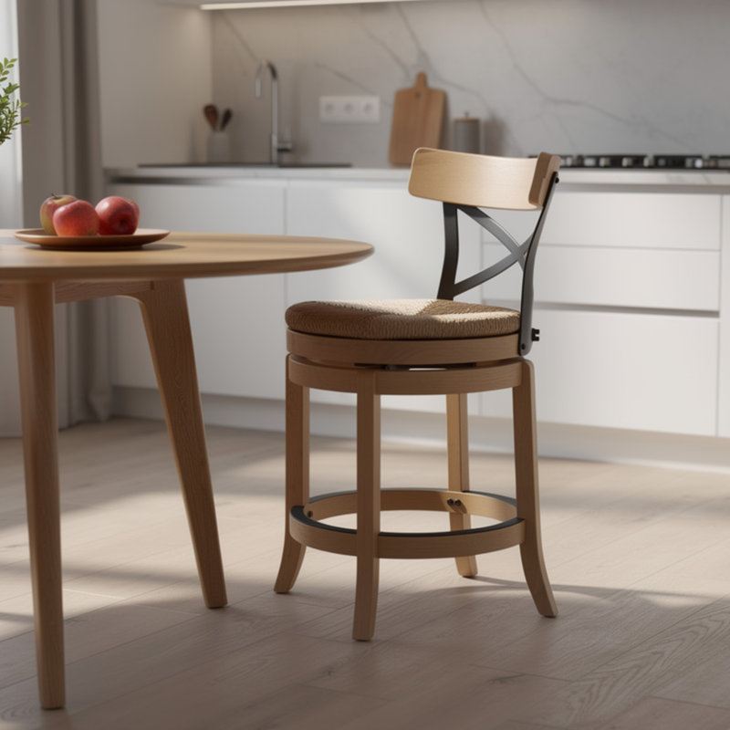 Chaise de comptoir pivotante Mia, dossier croisé en métal noir, brun chêne brun