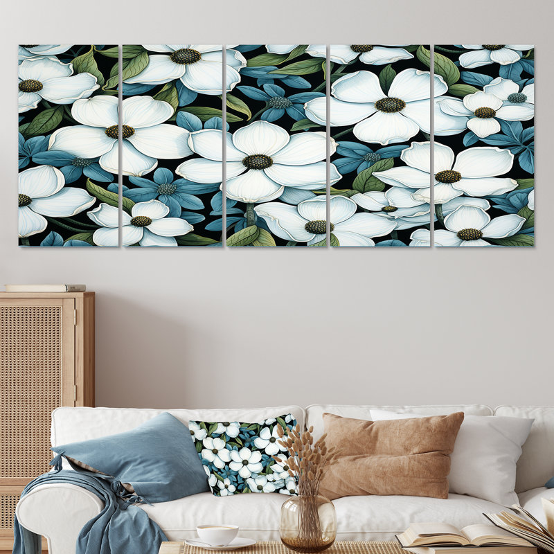 Tranquil White Dogwood Flowers I - Cornouiller, art mural 5 pièces, H 28 po x l 60 po