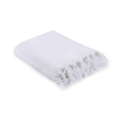 Couvre-lit double fait à la main 100% coton, 86,6 x 94,5 | 340 g / m², non élastique, lavable en machine à 86 ° F, couleur blanche élégante avec frange | Doux, durable, parfait pour tout décor de chambre à coucher