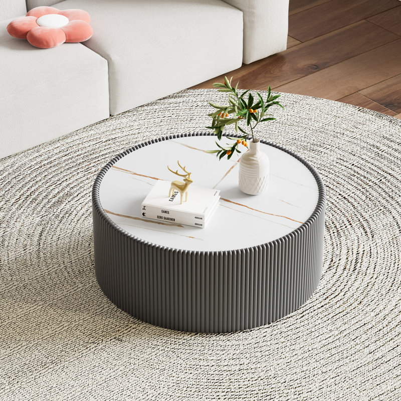 Table basse moderne en cuir clair avec plateau en marbre, H 15 po x L 30 po x l 30 po, Gris