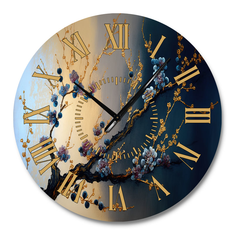 Horloge murale Blue Cherry Blossom Branch I - Modern Golden Face, Grand