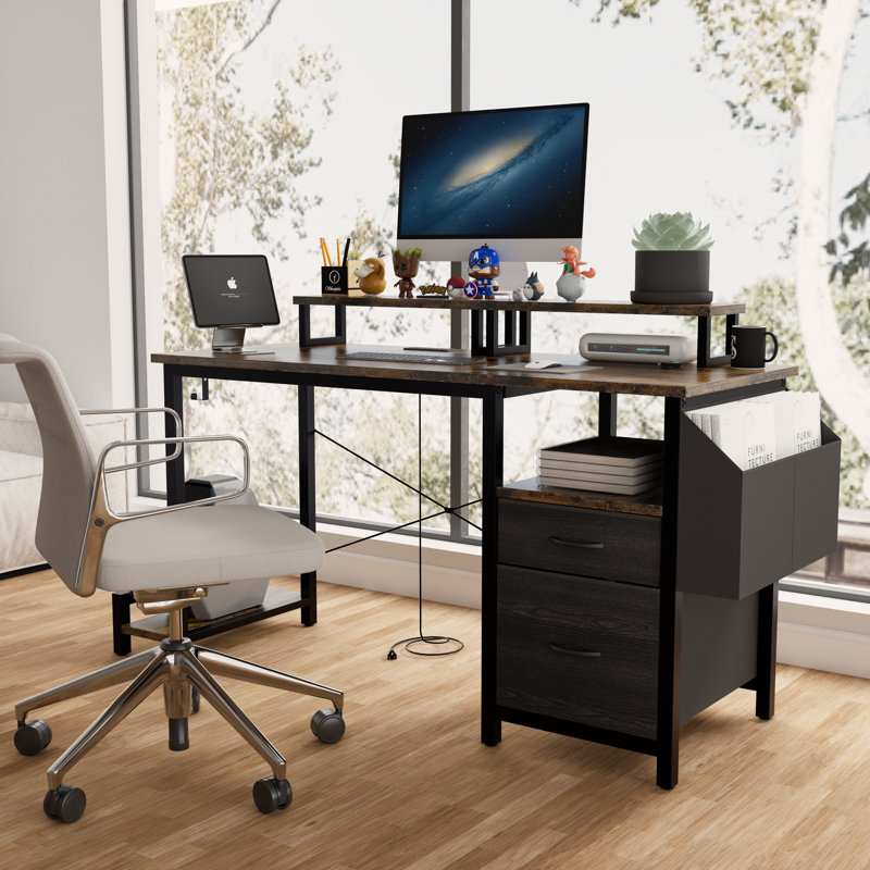 Bureau avec prise de courant, 3 tiroirs, poche latérale, bureau d'étude facile à assembler, cadre stable et réversible pour bureau à domicile, bureau d'ordinateur d'entreprise, table de jeu, coiffeuse