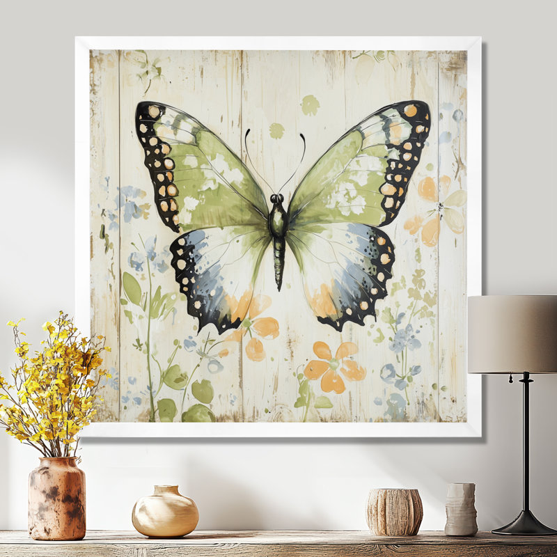 Décoration murale papillon minimaliste en vol I, H 16 po x l 16 po, Reproduction encadrée, Blanc
