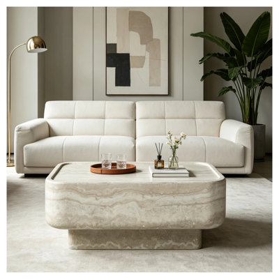 Table basse 31,5 po en fibre de verre avec finition en travertin, base centrale encastrée à profil bas pour salon, pré-assemblée