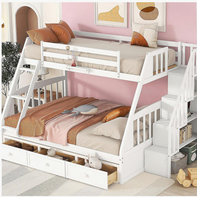Lit superposé avec lit double, avec tiroirs, échelle et escalier de rangement, blanc