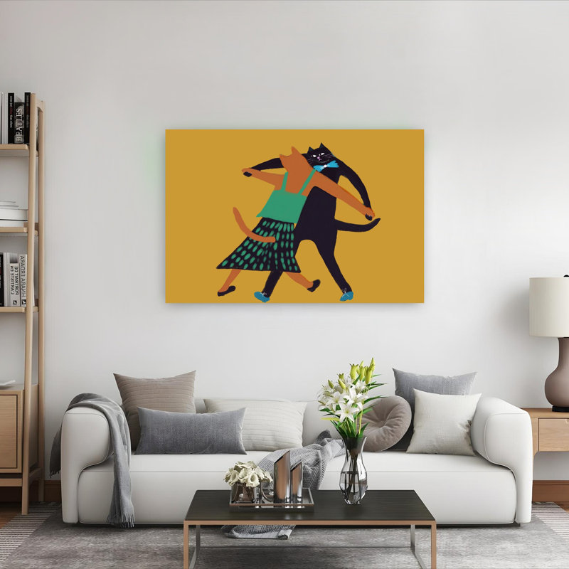 «Dancing Cat Couple», art moderne de chat romantique ludique, 40" H x 60" W