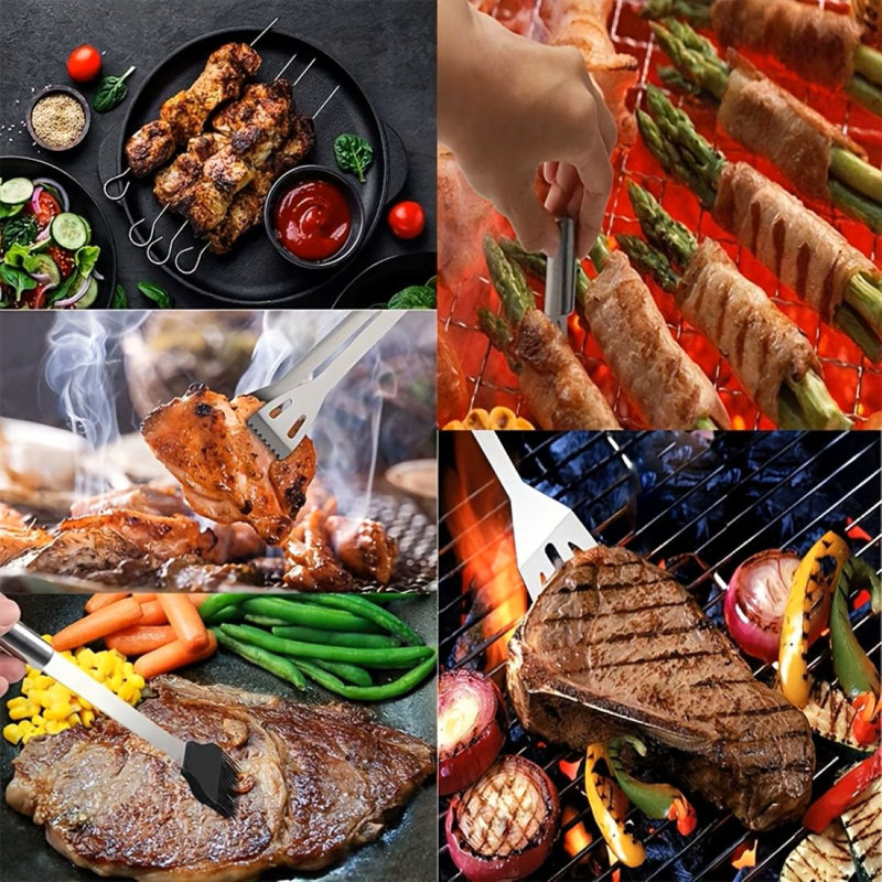 Ensemble d'outils en acier inoxydable pour barbecue (18 pièces): comprend une fourchette / couteau / brosse + étui de rangement, matériau de qualité alimentaire et structure durable, convient au camping et aux pique-niques, est livré avec une décora