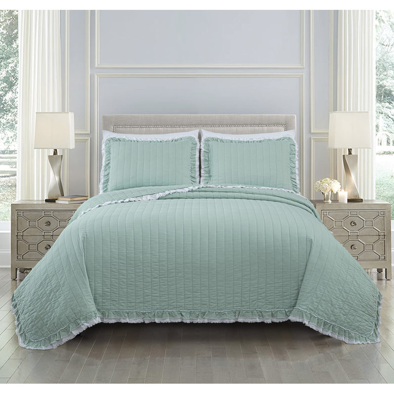 King Size Aqua Cotton Reversible Quilt Set with Shams