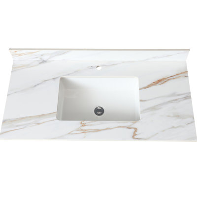 43 Inch Bathroom Vanity Top - White Marble With Ravishing Veins, Rectangular Sink, 4" Backsplash, Pre-Drilled Faucet Hole, Fits 42"X21" Cabinets Middle Compatible 42" W X 21" D