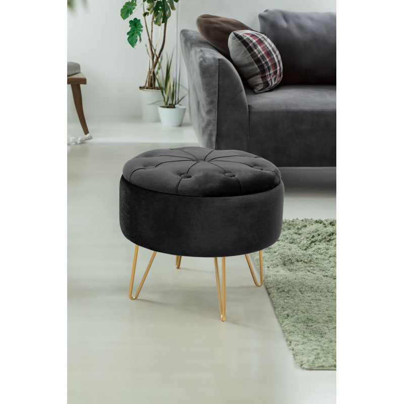 Afanasie 38cm Wide Velvet Tufted Circle Pouf Ottoman with Storage