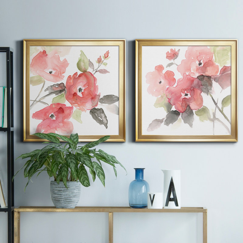 Coral Blush I - 2 pièces, peinture sur toile encadrée, H 34,5 po x l 69 po x P 1,5 po, Cadre doré
