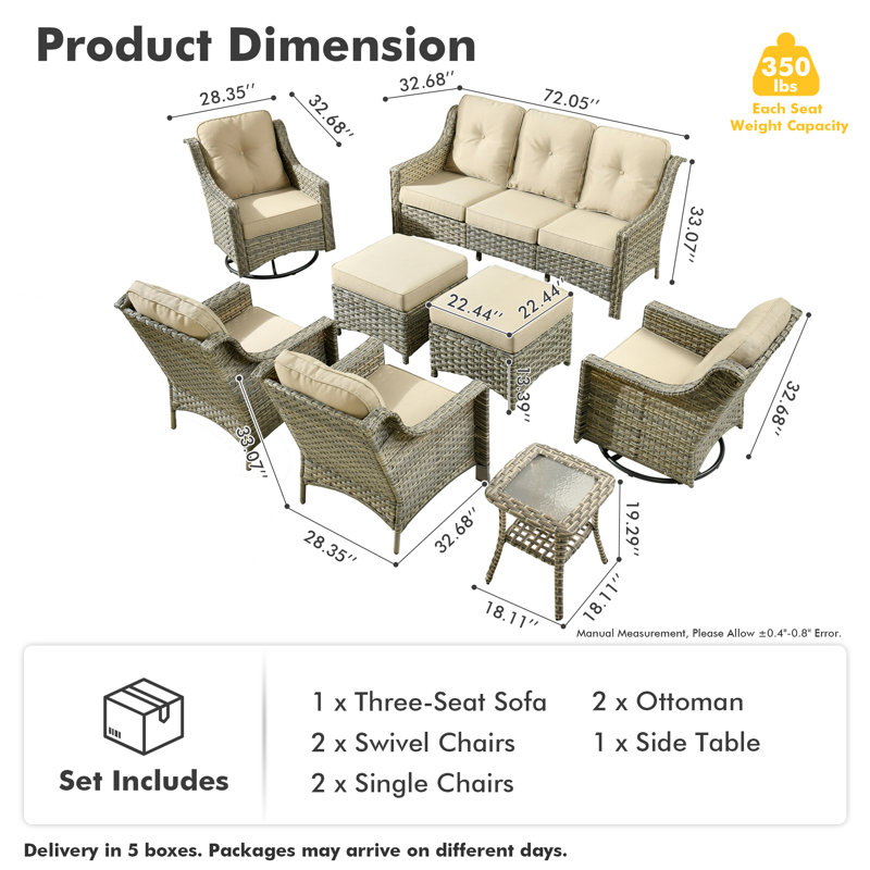 Tommy Outdoor Wicker 9 Person Seating Group With Cushions With Swivel Rocking Chairs And Side Table, Beige