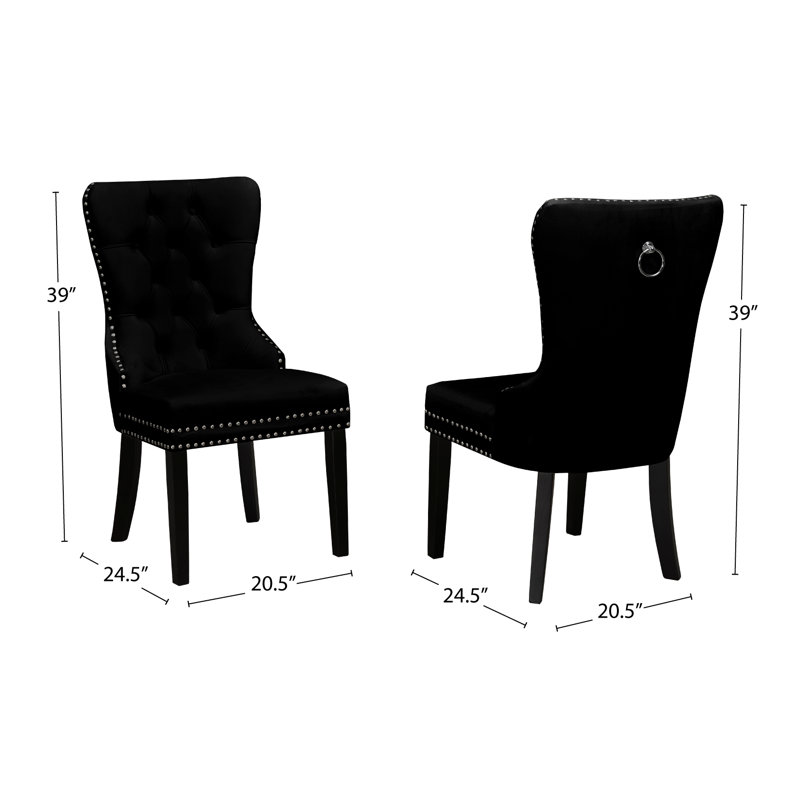 Chaises de salle à manger capitonnées en velours avec garniture cloutée et anneau chromé (ensemble de 2), chaises d'appoint rembourrées, noir