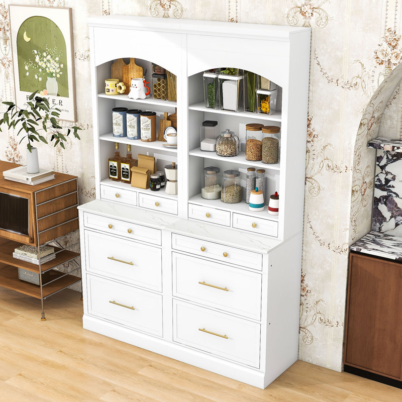 Ensemble de 2 grands garde-manger autoportants avec tablette réglable, plateau en faux marbre et tiroirs, Blanc, Doré