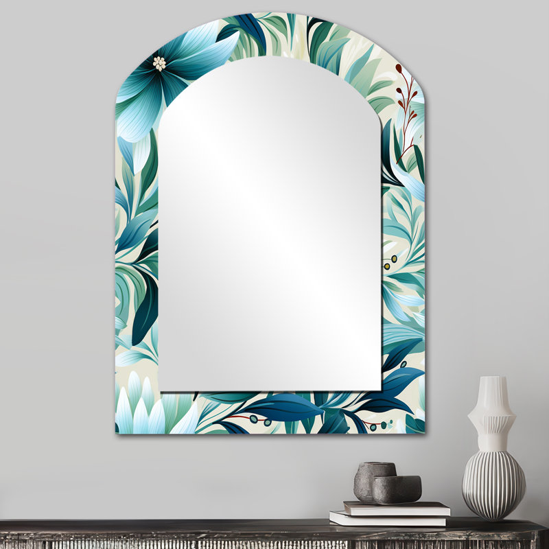 Motif botanique de feuillage océanique - miroir mural décoratif asymétrique tropical, grand miroir à arche verte, impression d'art en métal