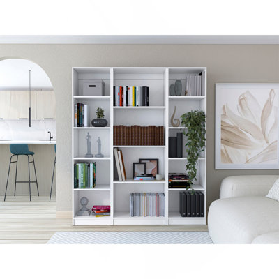 3 Piece Home Bookcase Set, 60" Wide With 14 Shelves ,  Living Room Set Set  White