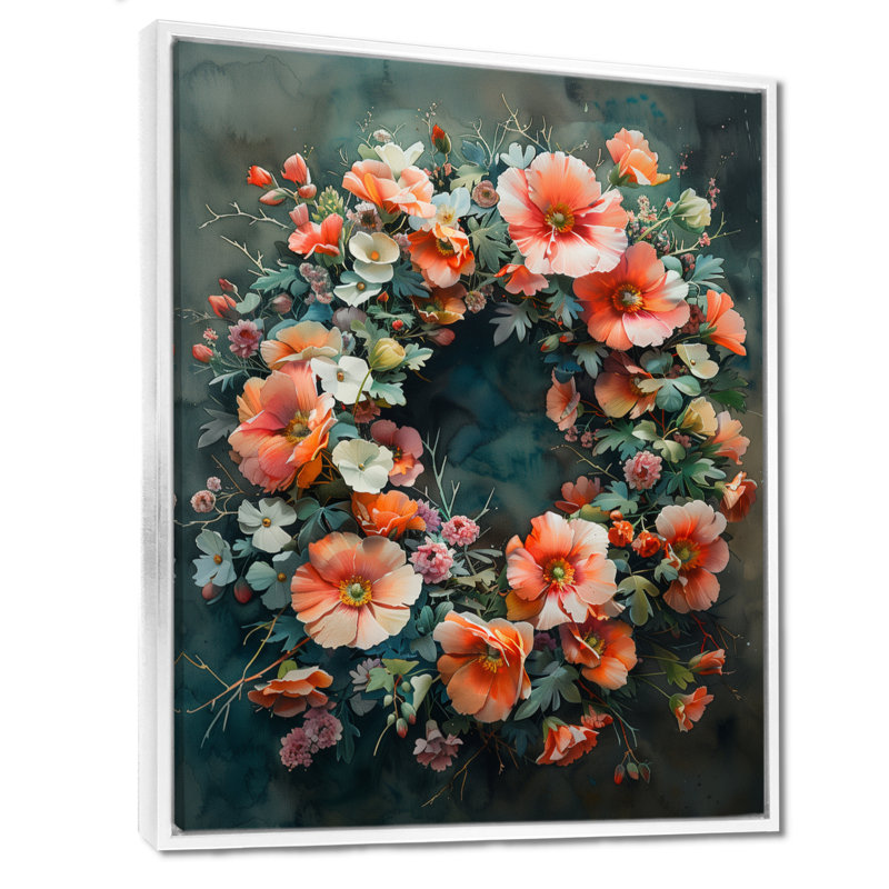 «Pink Green Spring Symphony Wreath», reproduction d'art murale couronne, Cadre flottant blanc, H 12 po x l 20 po x P 1 po